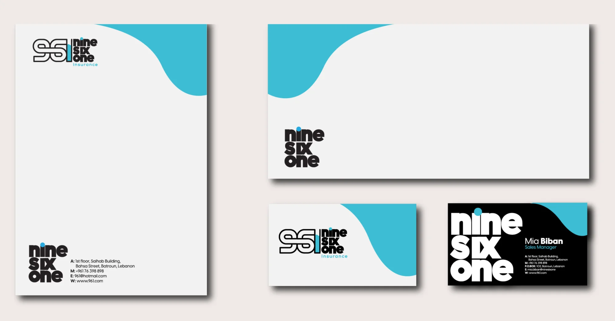 Nine Six One letterhead, envelope, and business card stationery system